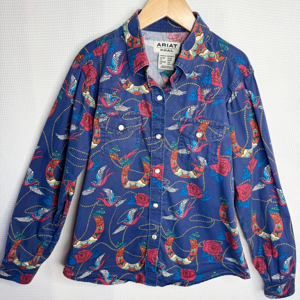 Ariat Real Girls Western Shirt Tattoo Print Horseshoe Rose Navy Blue Size M 10
